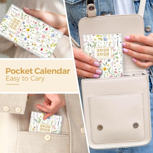 SKYDUE Floral White Pocket Calendar 2026-2028 | 3.8x6.5in Compact Monthly Planner for Purse