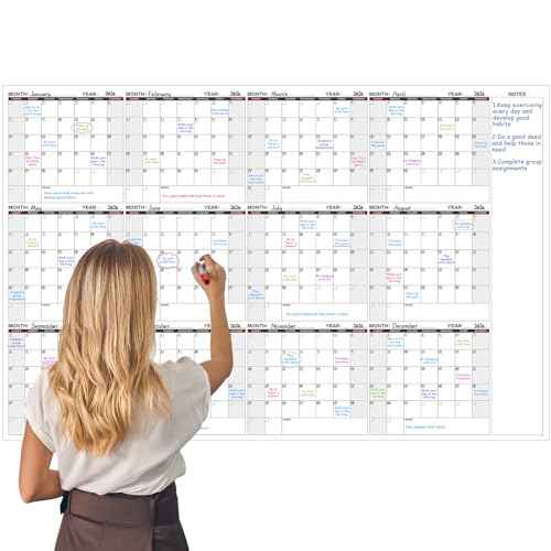 Large Dry Erase Calendar for Wall ? Yearly Wall Calendar Dry Erase, 37" x 57.9", 12-Month Undated Erasable & Reusable Laminated Wall Calendar, 15 Round Stickers, Perfect for Home, Office and School - Black With Red