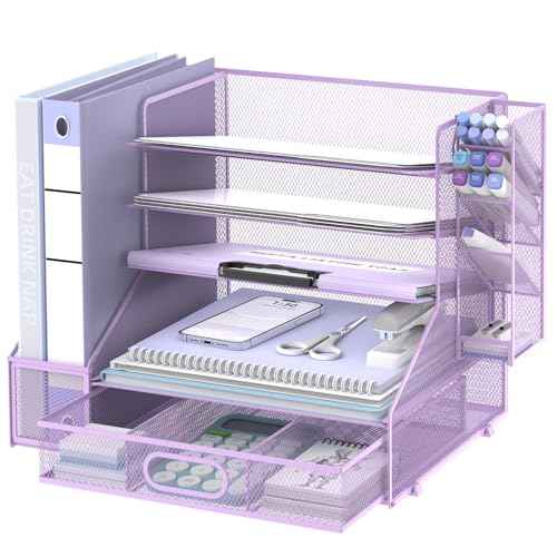 SUPEASY Desk Organizer with File Holder, 5-Tier Mesh Paper Letter Tray Organizer with Pen Holder and Drawer, Desktop Organizer and Storage with 3 Tilted File Sorter for Office Supplies, Purple