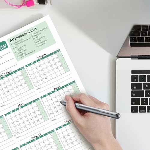 2026 Attendance Calendar Employee Work Record Tracker Attendance Calendar Cards - Each sheet 8.5 X 11 100lb CardStock paper Make (25 sheets -Green)