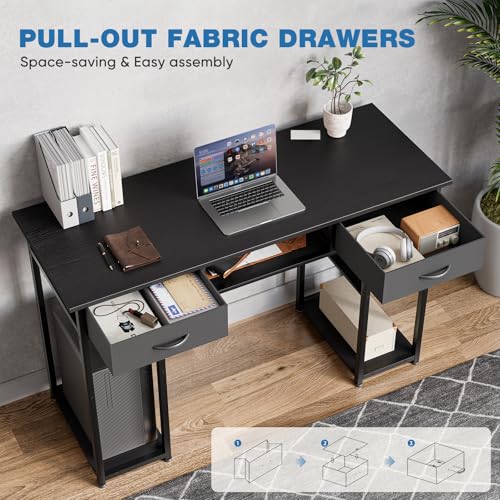 OLIXIS 48 Inch Desk with Drawers, Home Office Computer Desk with Adjustable Shelves on Both Sides, Study Writing Table with Adjustable Feet for Bedroom, Black