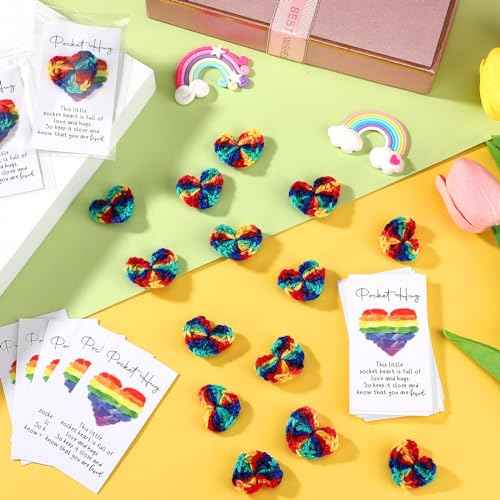 200 Sets Pocket Hug Gift Bulk Rainbow Party Favor Emotional Cheer Support Pride Gift Cute Hand Crocheted Pocket Hug Heart Inspirational Card and Bags Christmas Party Favor for Family Friends