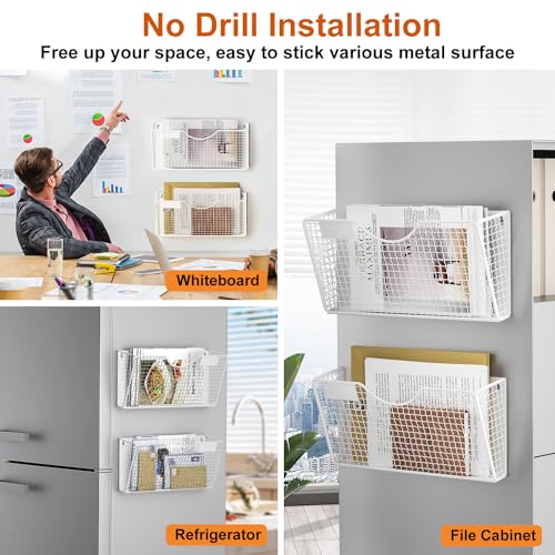 MFTEK Magnetic File Holder, 2 Pockets Wall File Folders Holder No Drilling Magnetic Paper Mail Organizer Magazine Basket, Hanging Storage Rack for Fridge Cabinets Office Classroom(White)