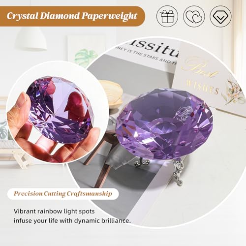 Purple Crystal Diamond Centerpiece 3.15 Inch Large Rainbow Prism with Silver Base for Wedding Home Decor