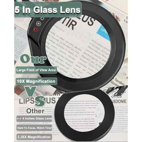 Veemagni 10X Large Magnifying Glass with Light and Clamp, 5 Inch Real Glass Stand Magnifying Desk Lamp, 5 Color Modes Stepless Dimmable, Hands Free LED Lighted Magnifier for Crafts Reading Close Work