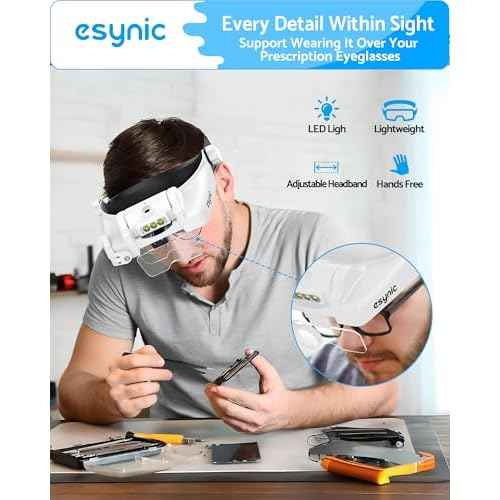 eSynic Comfortable Head Magnifier with Light USB C Rechargeable 1X-14X Magnification 5 Acrylic Lenses Double Lens Design Adjustable Headband for Reading Crafts Jewelry Repair Close Work