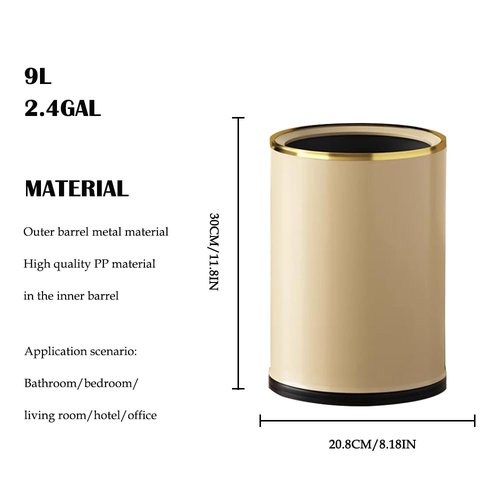 LEASYLIFE 2.4GAL Open Top Trash Can,Champagne Gold Bathroom Wastebasket for Bathroom,Bedroom,Living Room,Hotel,Office (9L-Champagne Gold)