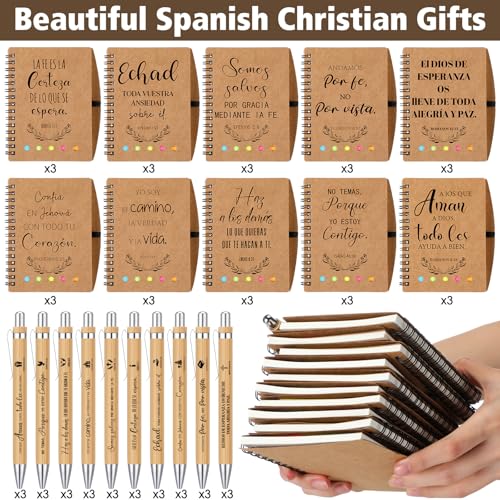 30 Set Spanish Christian Gifts Bulk Religious Notebooks with Bible Verse Pen, Inspirational Spiral Prayer Journal Notepad and Pen Set Church Gifts for Women Men Family Sunday School Church (Kraft)