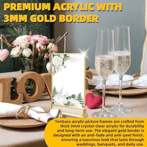 TonGass 12-Pack 5x7 Standard Double-Sided Acrylic Wedding Table Numbers Picture Frames, Clear Sign Holders with 3mm Gold Border & Vertical Stand