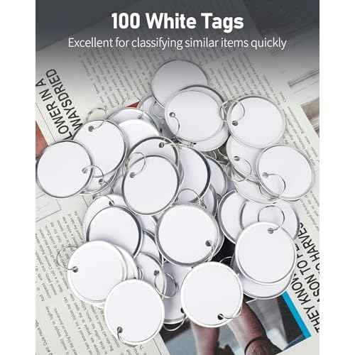 Uniclife 100 Pack Key Tags 1.5 Inch Round Key Chain Tags Writable White Paper Labels with Metal Edges and Split Rings Sturdy Lightweight Key Item Identifiers