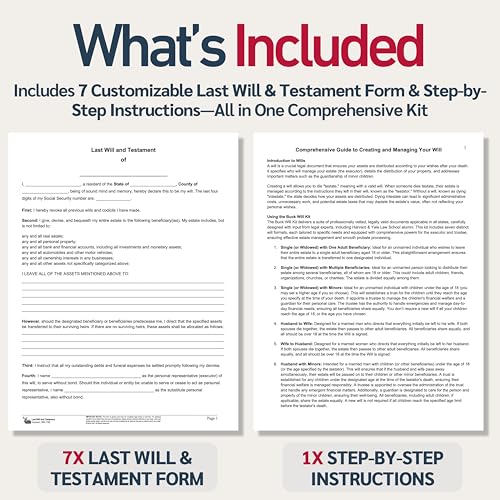 Buck 2025 Last Will & Testament Kit: 7X Attorney-Prepared Customizable Forms with Step-by-Step Instructions, 50-State Compatibility, Comprehensive End-of-Life Planning for Singles, Couples, & Families
