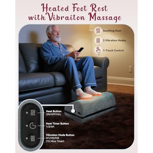 Heated Foot Rest for Under Desk at Work, Foot Stool with Vibration Massage, 2 Heat Levels, Adjustable Height, Ergonomic Memory Foam Feet Warmer Heater Footrest Under Desk for Gaming & Office Home