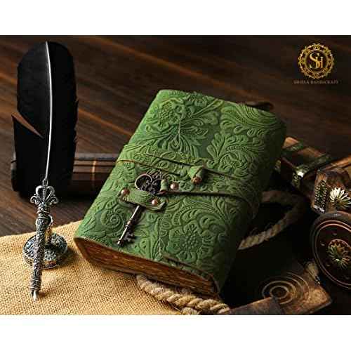 SH SHIFAA HANDICRAFT Leather Journal - Antique Handmade Deckle Edge Vintage Paper Leather Bound Journal - Book of Shadows Journal - Leather Sketchbook - Drawing Journal - Great Gift (Green) (13x10)
