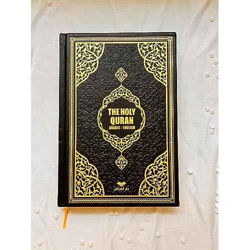English Translate Thermo Leather Covered Quran, Tafta Prayer Mat, Pearl Breads, Man Takke and Luxury Gift Box 5 Pieces Set, Great Ramadan Gifts for Muslim Men and Women Gift (1 Sets, Black)