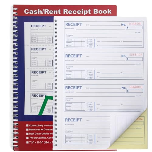 Gimehome Money and Rent Receipt Book 2-Part Carbonless Spiral Bound 7-5/8" x 11" - 1 Pack, 200 Sets