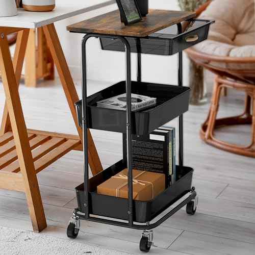 Simple Houseware 2-Tier Rolling Utility Cart with Top Board and Sliding Drawer, Rustic Brown