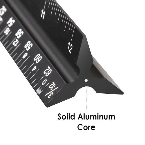 Soraco 12" Aluminum Triangular Architect Scale Ruler – Laser-Etched Imperial Measurements – Durable Black Anodized Finish – Ideal for Architects, Engineers, Draftsmen, and Students(Black)