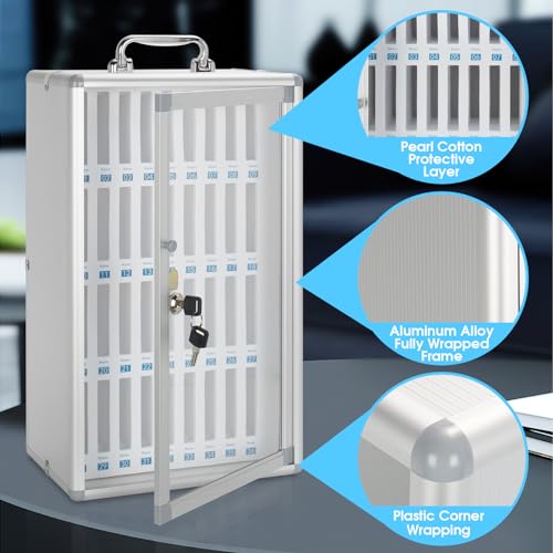 Glosen 24 Slots Cell Phone Locker, Portable Phone Storage Cabinet [Wall Mounted] [Aluminum Alloy] Cellphone Lock Box with Key & Handle for School Classroom Office Exam (Silver)