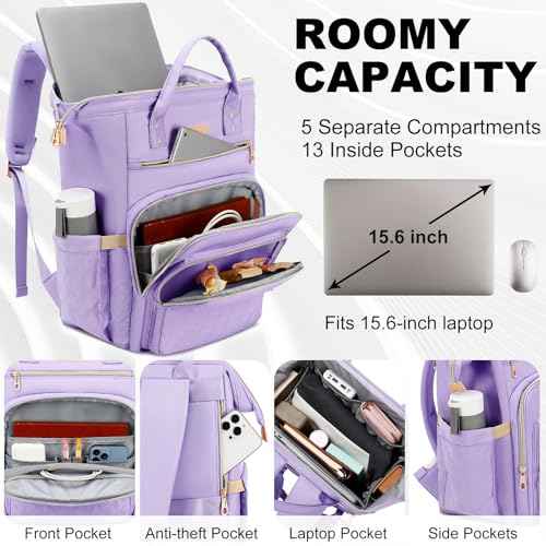Lunch Backpack, 15.6 inch Laptop Backpack with Insulated Lunch Bag, Backpack Cooler for Women, Large Travel Backpack Lunch Box Compartment, Work Computer Backpack, Teacher College Book Bag, Purple