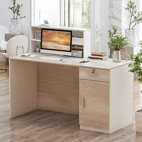 FAMAPY Reception Desk Retail Counter with Lockable Drawer & Shelves, Front Desk Reception Table for Salon Lobby Shop White and Oak 55.1'W x 23.6'D x 43.3'H