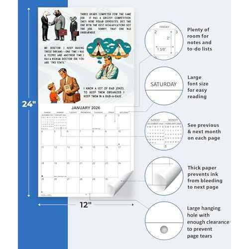 2026 Dad Jokes Monthly Wall Calendar | 12" x 24" | White Elephant or Gag Gift Funny Calendar 2025-2026