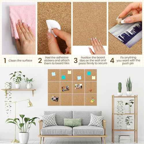Aodaer 12 Pack Cork Boards 48" x 36" Thick Bulletin Board Tiles with 4 Frameless Cork Strips Pin Board Bar Strips with Push Pins Clips for Office School Home Walls