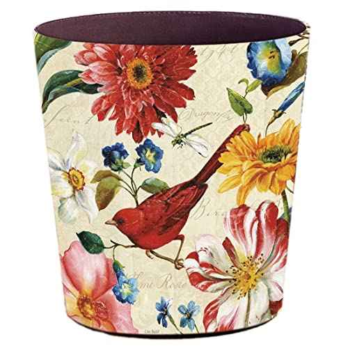 Leather Trash Can, Retro Decorative Waste Basket, 10L Capacity Small Waste Paper Basket, Waterproof Garbage Can for Bathroom, Bedroom, Office, Kitchen and Living Room - Red Bird
