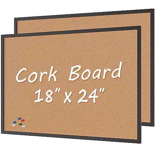 Board2by 2-Pack Cork Board Bulletin Board 18¡° x 24¡±, Black Wood Framed Corkboard, Office Board for Wall Cork, Large Wall Mounted Notice Pin Board with 32 Push Pins for School, Home & Office