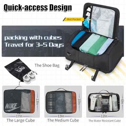 42L Travel Backpack with 4 Packing Cubes, TSA Friendly Flight Approved Carry-On Bag with USB Charging Port, Water-Resistant Weekender Business Backpack for Men Women, Fits 17.3" Laptop(Black)