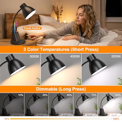 Black 10W Wireless Charging LED Desk Lamp with Pen Holder - Eye-Caring, Adjustable Brightness