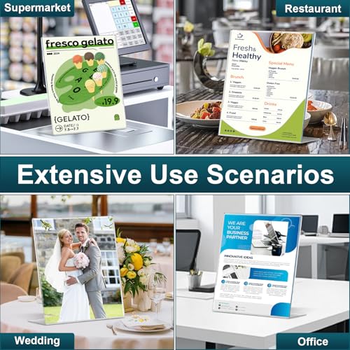 12 Pack Acrylic Sign Holders 8.5x11 Inches - L-Shape Vertical Menu & Photo Display Stand for Restaurants & Office - Clear Plastic Paper Stands