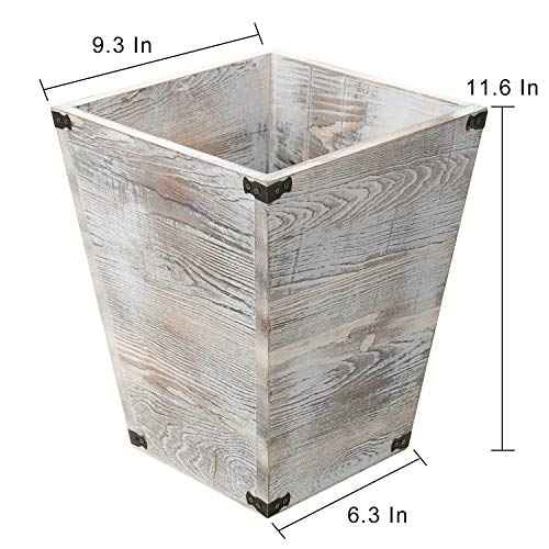 Rustic Whitewashed Torched Wood Square Waste Basket Recycle Bin Trash Can Decorative Metal Brackets Whitewashed Wooden Garbage Container Ash Holder Bedroom Living Room Home Office