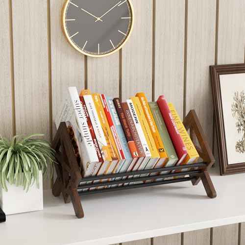 Desktop Bookshelf Organizer, Wood Office Tabletop Book Storage Rack, Tilting Bookcase for Books/CDs/Magazine Display (Black)