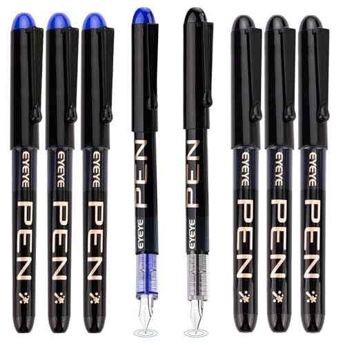EYEYE Disposable Fountain Pens Fine Point, 4 Black 4 Blue Fountain Pens or Writing, Stainless Steel Nib, Smooth Writing for Journaling, Drafting, Sketching, Doodling & Office Supplies