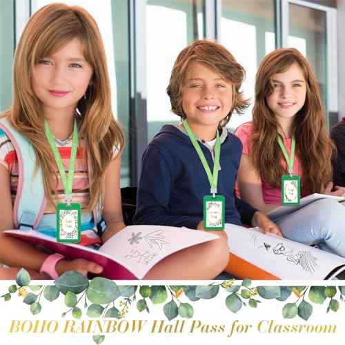 Ctosree 8 Set Eucalyptus Hall Pass Lanyards and School Passes Set Unbreakable PVC School Supplies Teacher Supplies for Classroom Elementary Middle Restroom Library Office, Green