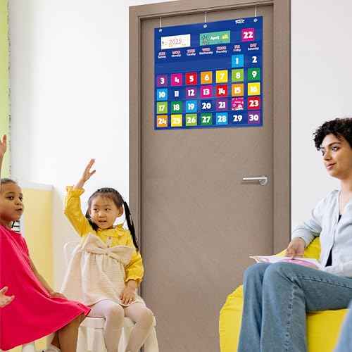 Calendar Pocket Chart, Classroom Monthly Pocket Chart with 76 Cards (68 Illustrated Activity Cards, 8 Dry Erase Blank Cards) plus 3 Over Door Metal Hangers for Classroom Home Preschool (20" x 19")
