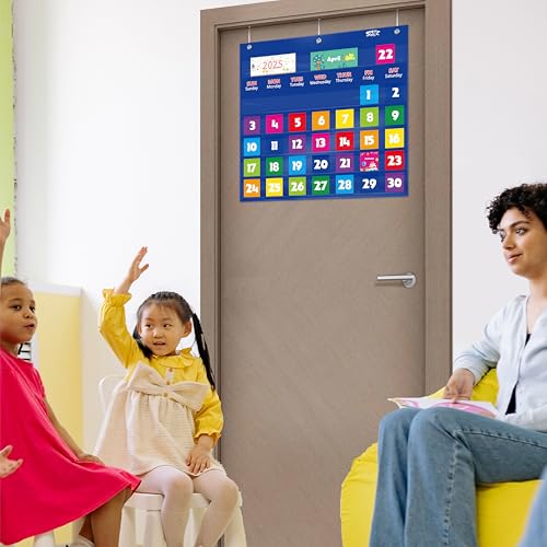 SpriteGru Blue Classroom Calendar Pocket Chart with 76 Cards & 3 Over-Door Hangers - 20x19 Inches