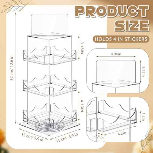Marsui 3 Tier Rotating Sticker Display Stand, 4 Sided Sticker Holder, 360¡Æ Rotating No Assembly Required Clear Acrylic Sticker Holder for Vendors, Retail, Showcase, Tradeshow, 12.6" x 5.9"