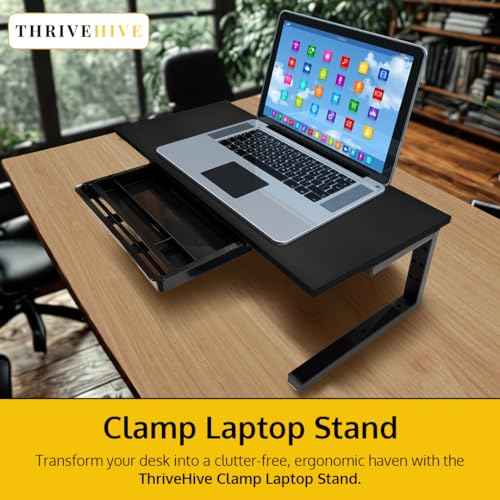 Ergonomic Clamp on Computer Monitor Laptop Riser Stand with Drawer, 21.6 x 9.8 inch - Black