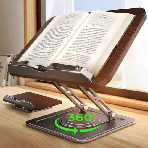 Book Stand for Reading, Adjustable Book Holder with 360¡ÆRotating Bases, Ergonomic Cookbook Stand Recipe Book Holder with Elastic Page Clips for Magazines, Tablets, Laptops
