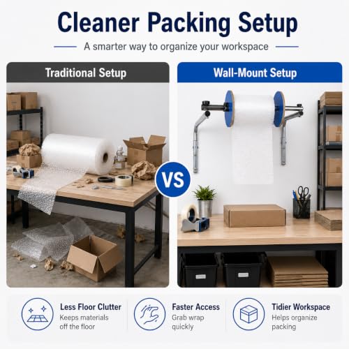 Wall Mount Bubble Wrap Dispenser for 15.75-inch Rolls - Heavy-Duty Steel & Adjustable Side Baffles