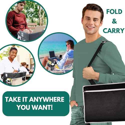 Travel Lap Desk, Travel Tray, Portable Lapdesk for Car, Remote Work, Road Trips, School, Laptop Pad with Storage Pocket, Tablet Holder, Shoulder Strap, Fits up to 15.6-Inch Laptop (Black)
