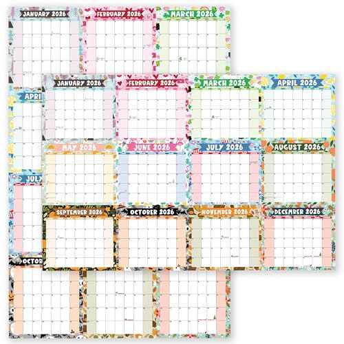 Hadley Designs Yearly Wall Calendar 2026 Large - 12 Month Dry Erase Calendar for Wall, Double-Sided, Reversible, Erasable, Reusable, Full Year Long Annual Planner - Doodle Colorful