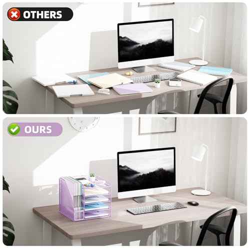 Marbrasse Desk Organizers and Accessories, 5-Tier Paper Letter Tray Organizer with File Holder, Mesh File Organizer, Office Desk Accessories & Organization for Supplies (Purple)