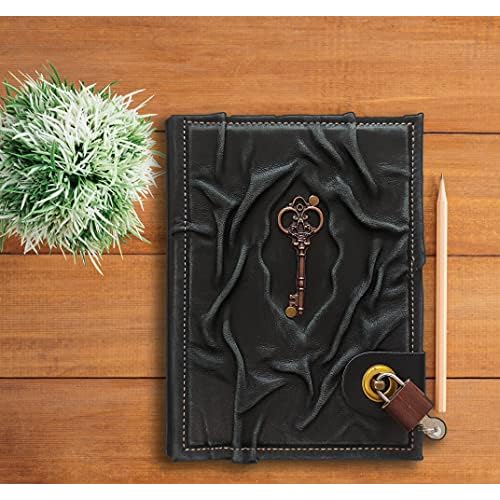 Antique Key Handmade Leather Journal with Lock 100% Genuine Leather Diary Acid-Free Chamois Paper 384 Pages, 9 x 6.7 inches Antique Padlock Journal for Writing Diary With Lock