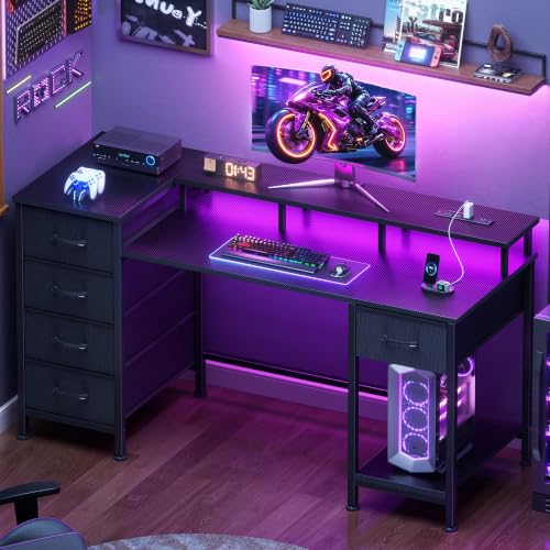 Korfile 47-Inch Reversible Gaming & Office Desk with LED Lights, Power Outlets & Storage Drawers - Carbon Fiber Black