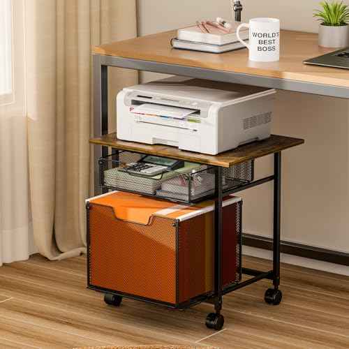 Rolling File Cabinet Cart, Printer Stand with Storage Drawer for Hanging File, Printers Table with Extended Desktop for Home Office, Printers Cabinet Shelf with Wheel for Fax Machine/Scanner