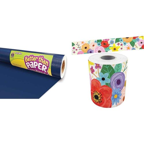 Teacher Created Resources Navy Blue Better Than Paper Bulletin Board Roll and Wildflowers Straight Rolled Border Trim