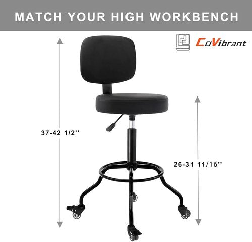 Heavy Duty Shop Stool | Ergonomic Backrest, Lockable Wheels & Adjustable Height, 350lbs Capacity (Black, 26"-31")
