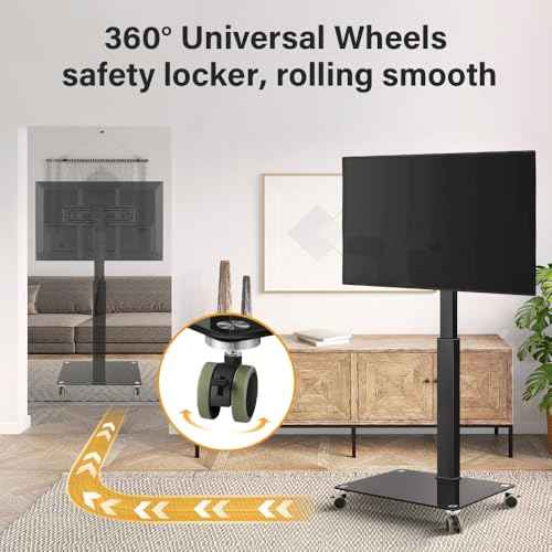 Rolling Floor TV Stand Mobile TV Cart for 27-65 inch LED Screen Universal Televisions Stand with Mount Tempered Glass Base TV Stand for Bedroom Living Room Max VESA 400x400mm